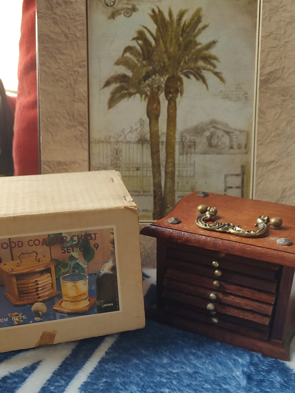 Wood Coaster Chest Set of 9 -vintahe Dark Brown Wooden Box - Picture 10 of 13
